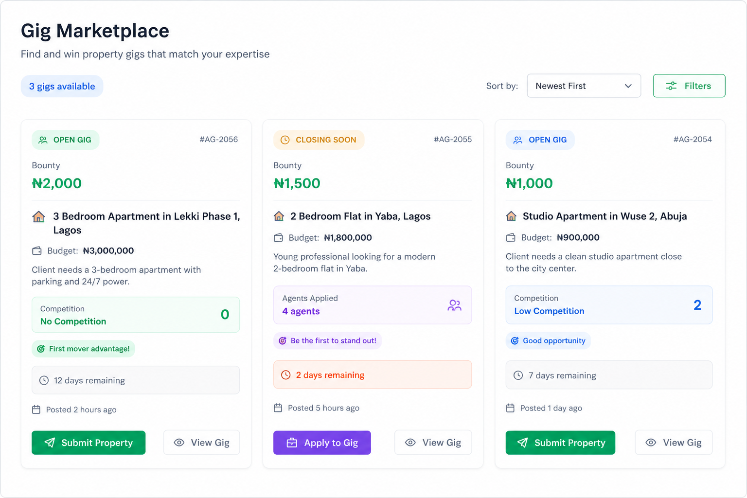 Agent gig marketplace showing property search gigs, bounties, budgets, and application actions