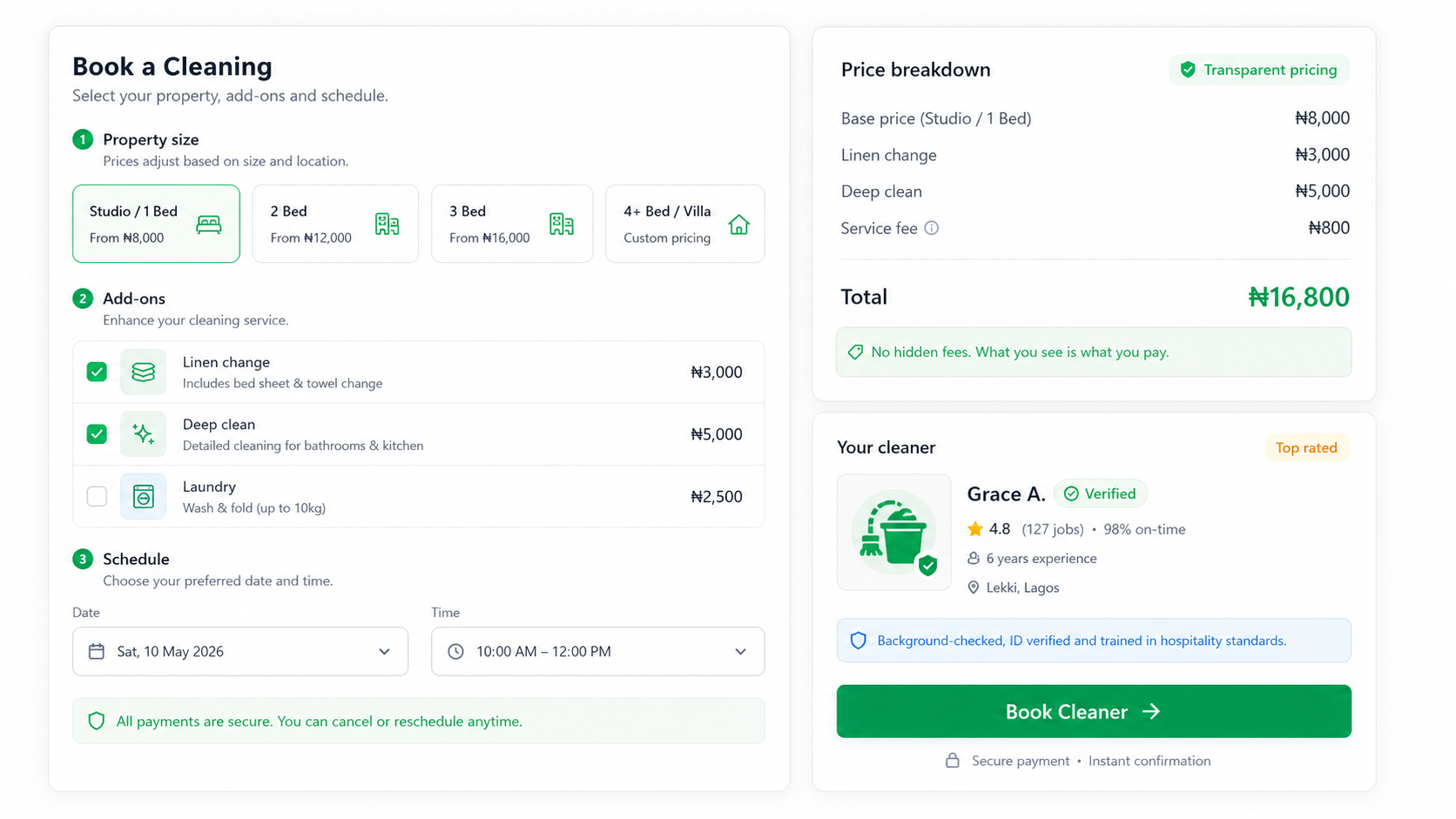 Cleaning booking screen with package options, add-ons, price breakdown, and verified cleaner