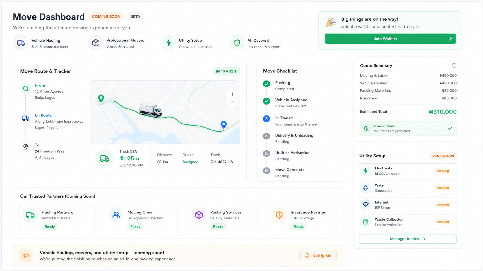 Coming soon moving dashboard with vehicle hauling tracker, quote summary, checklist, and utility setup status