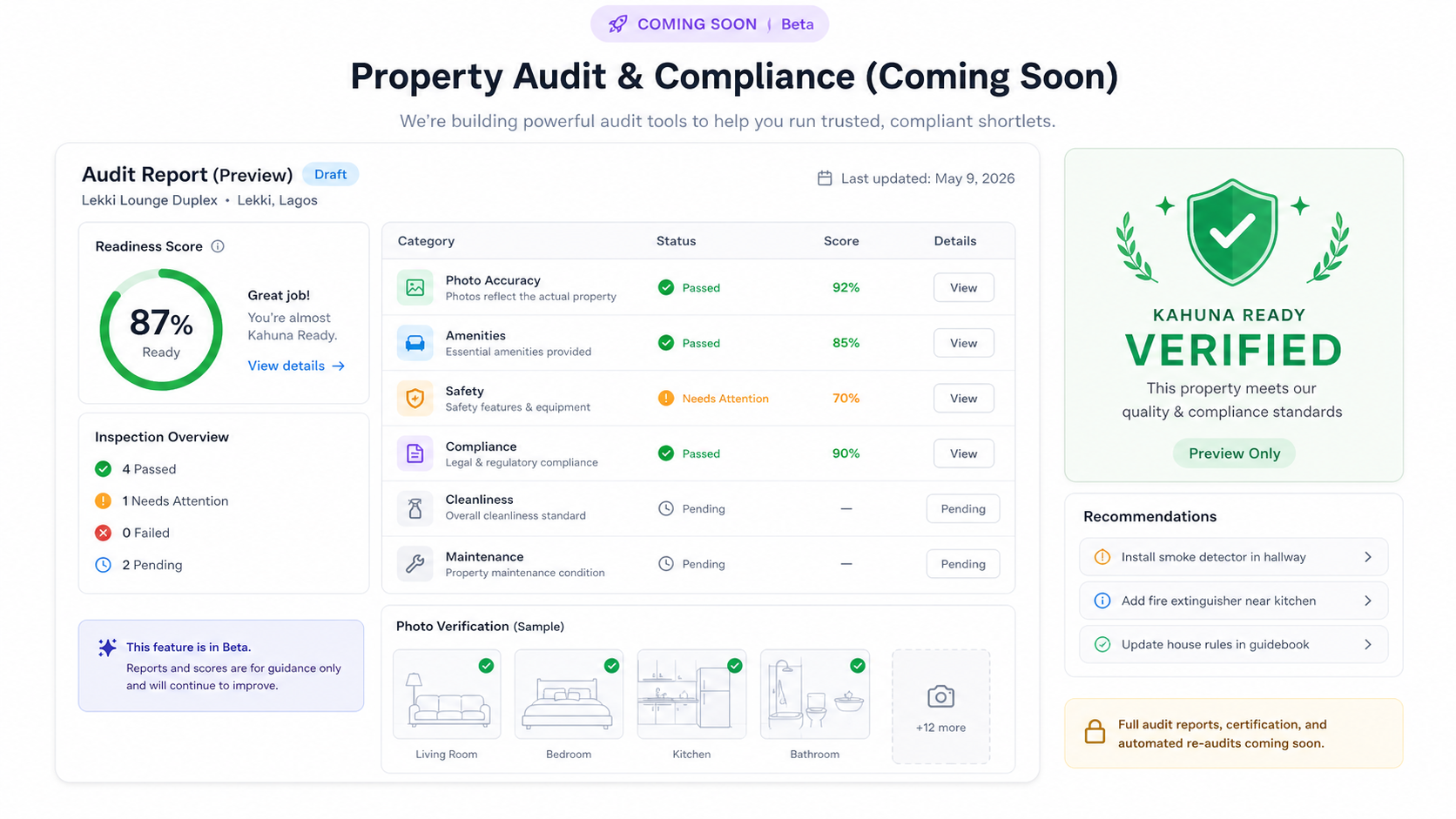 Property audit report preview with readiness score, verification checklist, recommendations, and verified badge